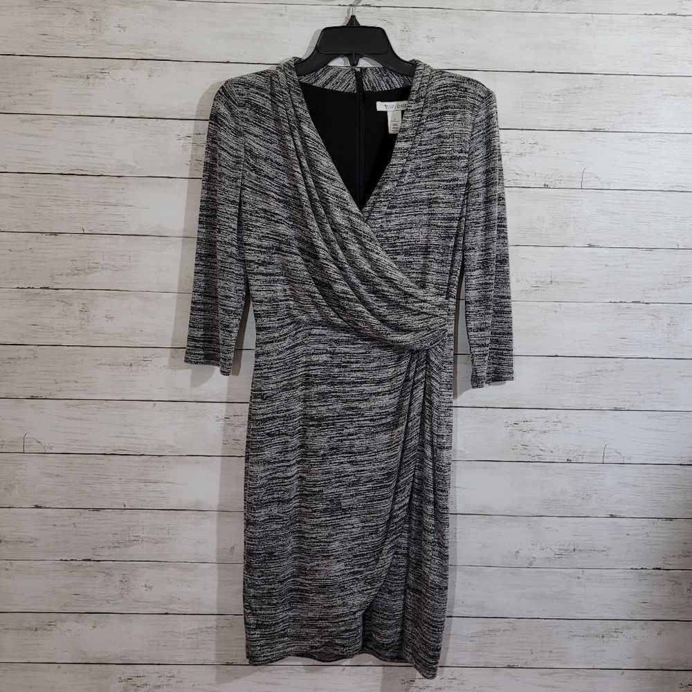 White House Black Market Gray Black Spacedye Soft Knit Faux Wrap Dress Size 4